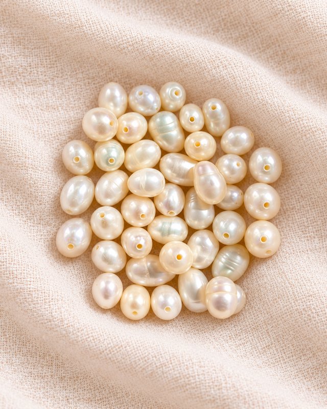 A scatter of cream and ivory freshwater pearls on linen
